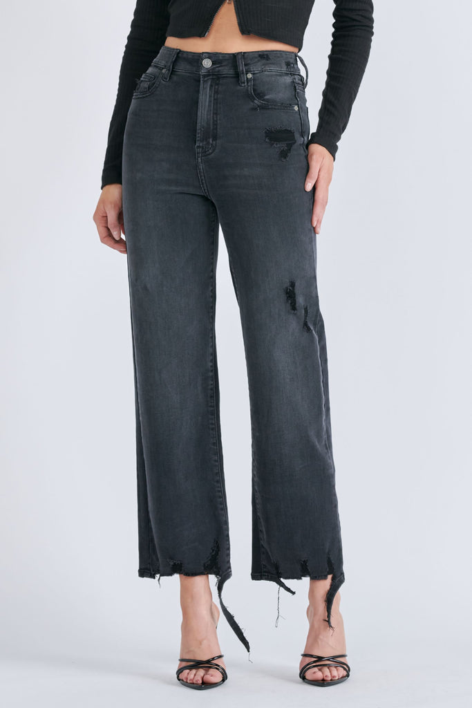 [TRACEY] Black Grinded Destroyed Hem Relaxed Straight Jean