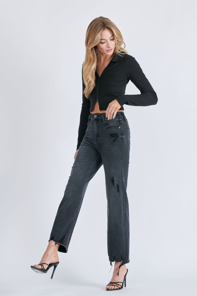 [TRACEY] Black Grinded Destroyed Hem Relaxed Straight Jean