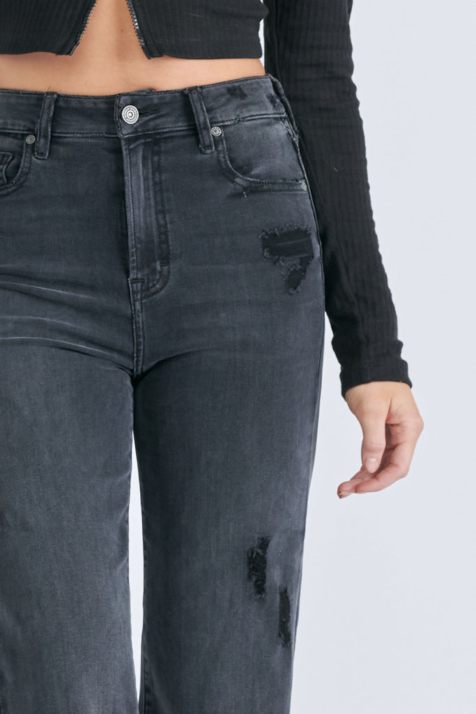 [TRACEY] Black Grinded Destroyed Hem Relaxed Straight Jean