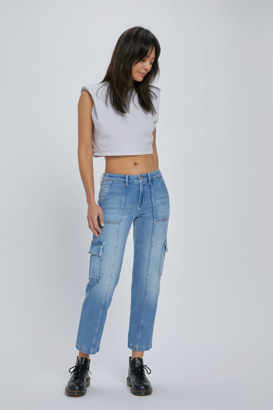 [TRACEY] Medium Light Cropped Stretch Cargo Straight