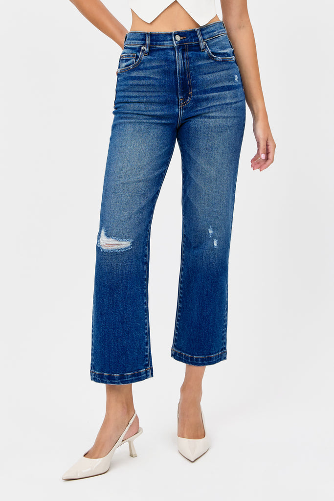 [TRACEY] DARK WASH KNEE DISTRESSED CROPPED RELAXED STRAIGHT