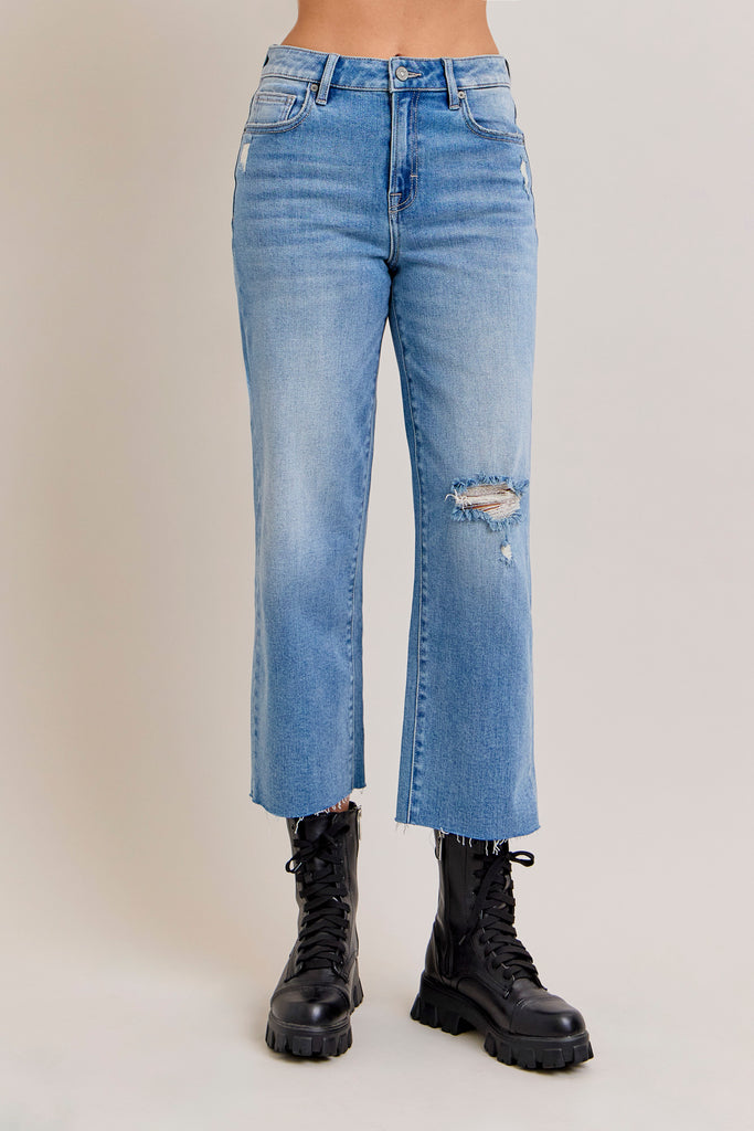 [ELLA] Light Knee Distressed Cropped Wide Straight