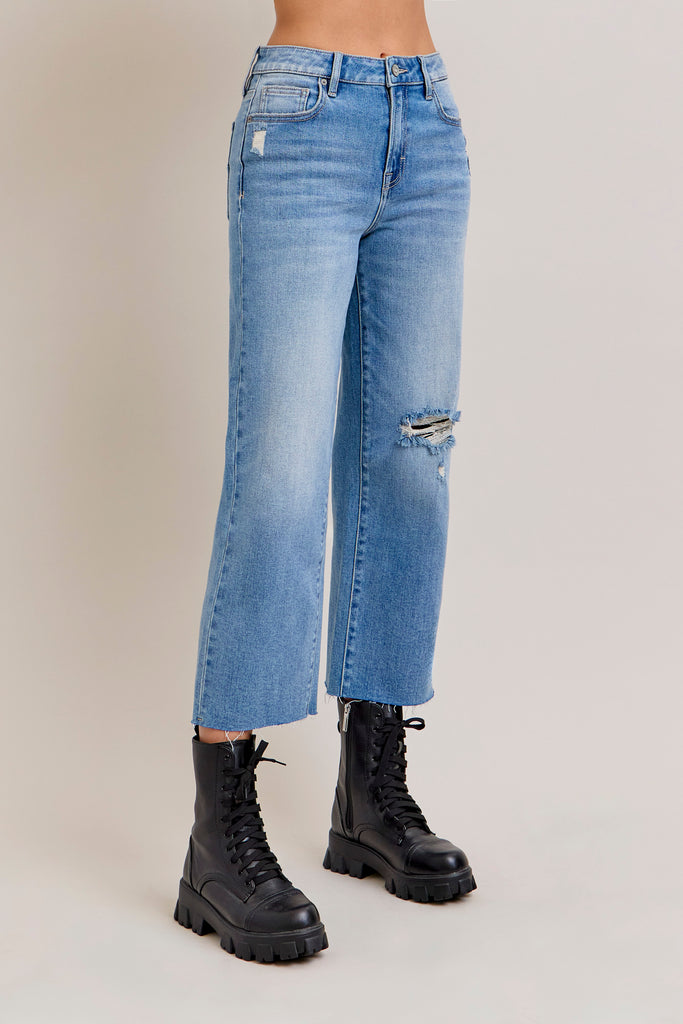 [ELLA] Light Knee Distressed Cropped Wide Straight