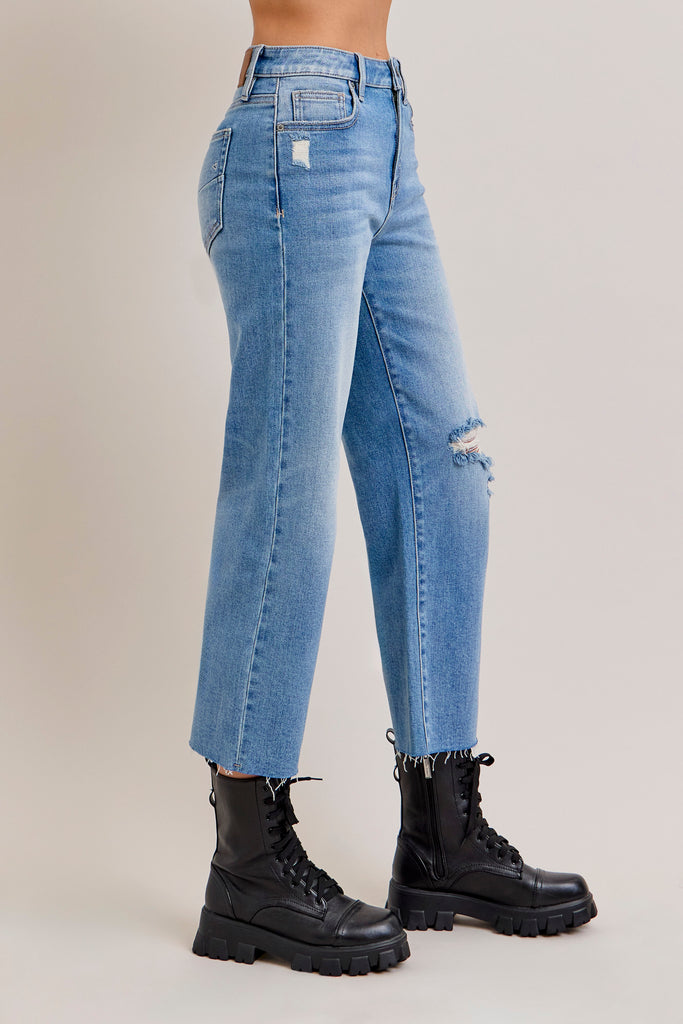 [ELLA] Light Knee Distressed Cropped Wide Straight