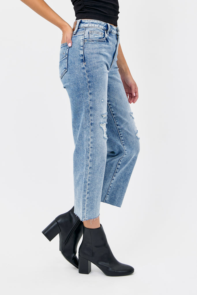 [ELLA] Medium Light Knee Distressed Cropped Wide Straight