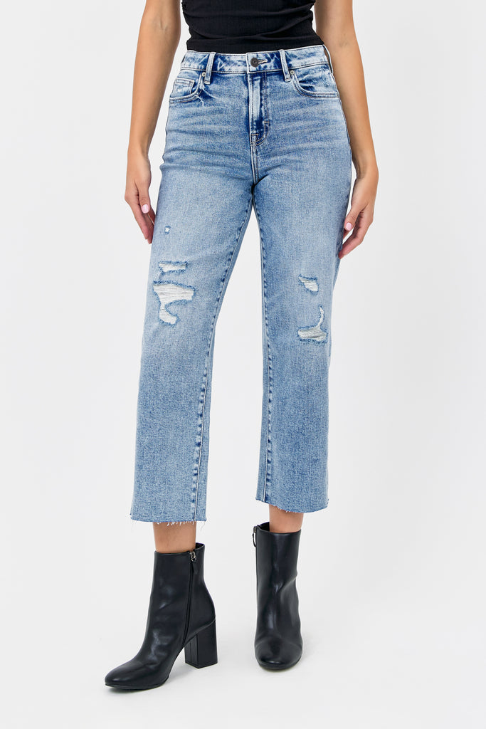 [ELLA] Medium Light Knee Distressed Cropped Wide Straight