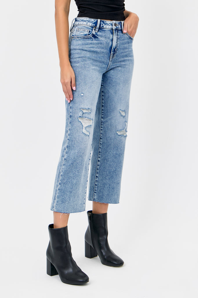 [ELLA] Medium Light Knee Distressed Cropped Wide Straight