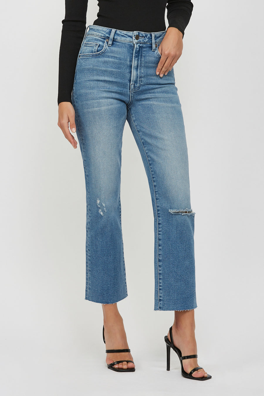 [TRACEY] MEDIUM WASH KNEE SLIT STRETCH RELAXED STRAIGHT