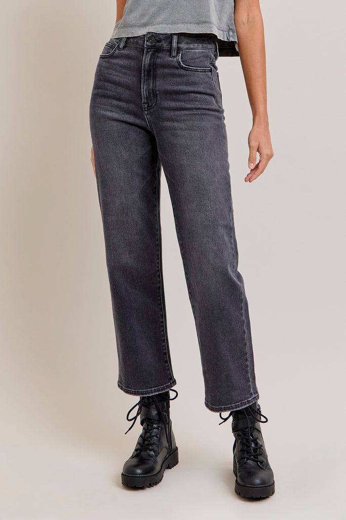 [ELLA] Charcoal Wash Clean Stretch 28" Inseam Wide Straight