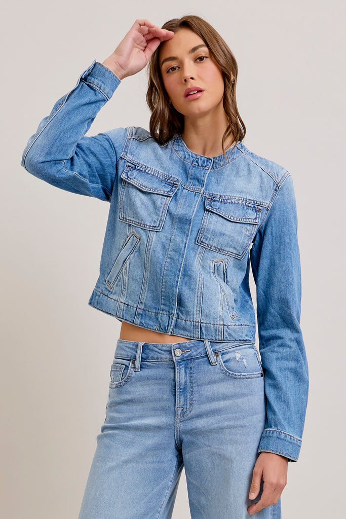 [REBEL] MEDIUM LIGHT COLLARLESS TRUCKER JACKET