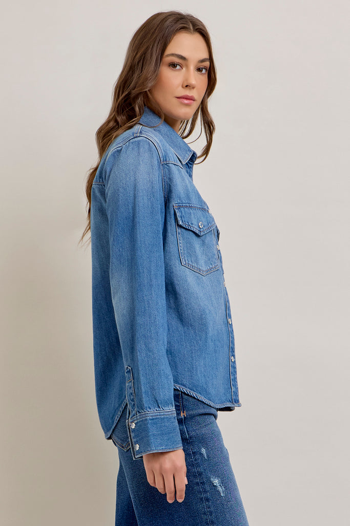 [ABBY] Medium Wash Basic Western Shirt