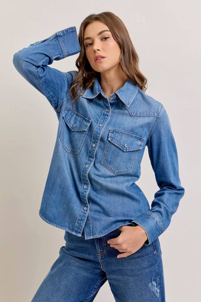 [ABBY] Medium Wash Basic Western Shirt