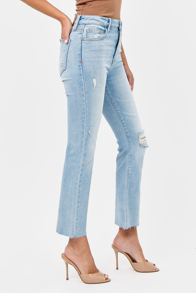 [RYAN] Light Wash Knee Distressed Cropped Bootcut