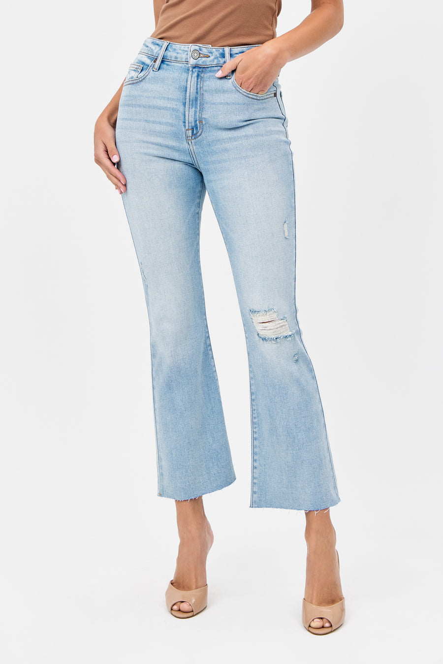 [RYAN] Light Wash Knee Distressed Cropped Bootcut