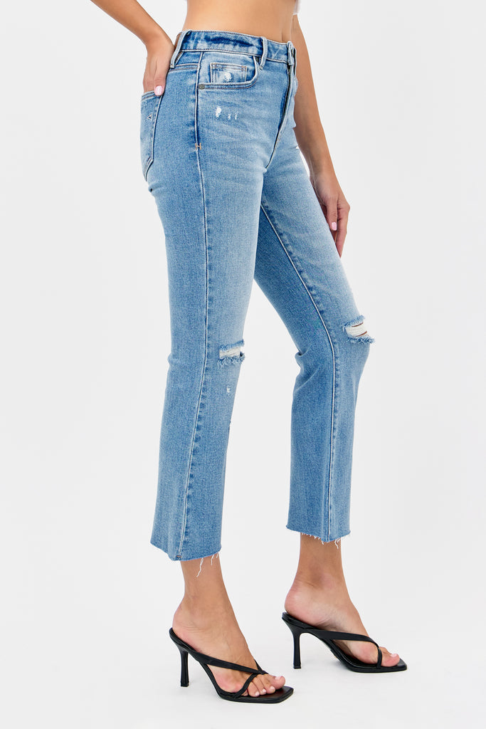 [HAPPI] Medium Light Distressed Cropped Flare