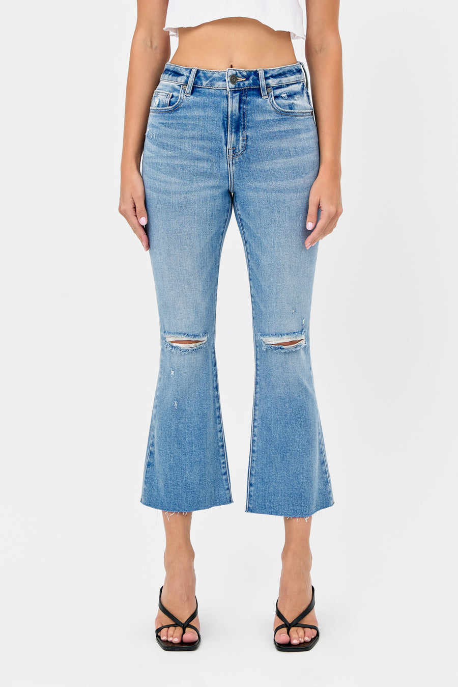 [HAPPI] Medium Light Distressed Cropped Flare