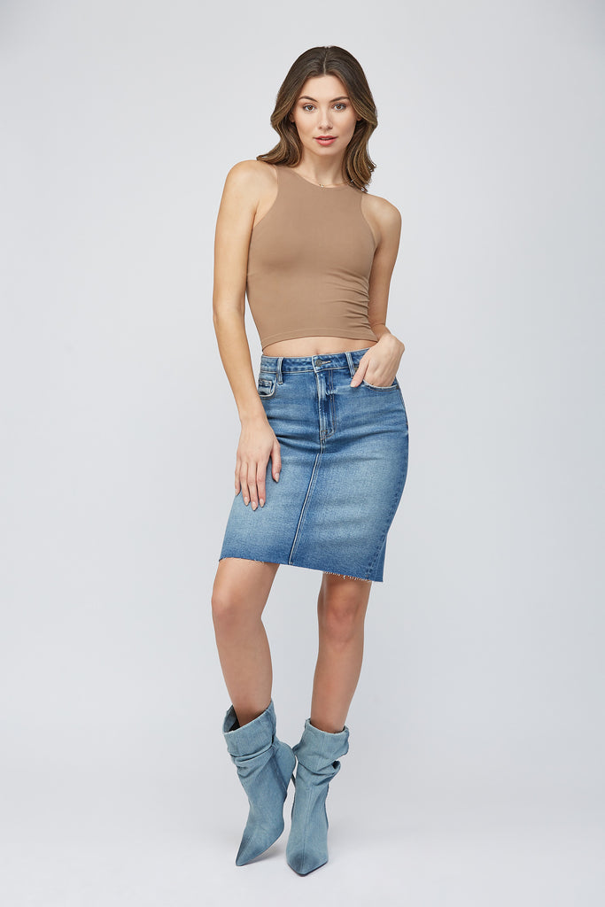 [PEYTONE] Medium Wash High Waisted Midi Pencil Skirt