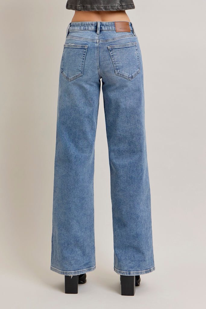 [NORI] Medium Wash Clean Mid Rise 33" Inseam Wideleg