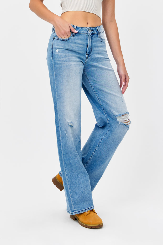 [Logan] Medium Wash Mid Rise Distressed 33" Inseam Dad Jean