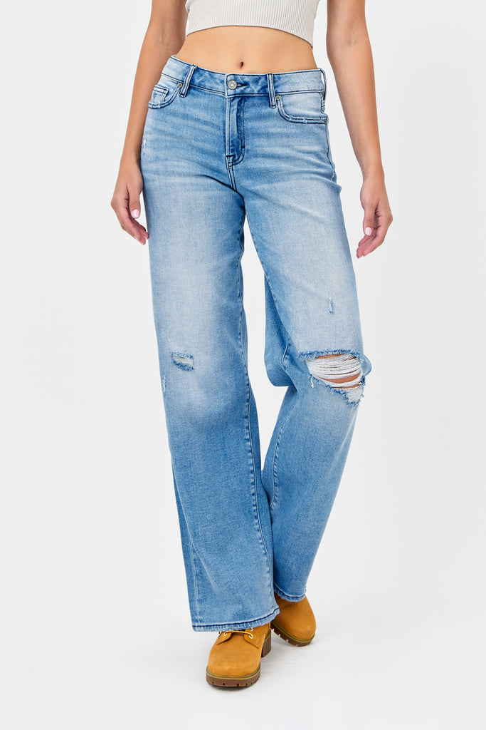 [Logan] Medium Wash Mid Rise Distressed 33" Inseam Dad Jean