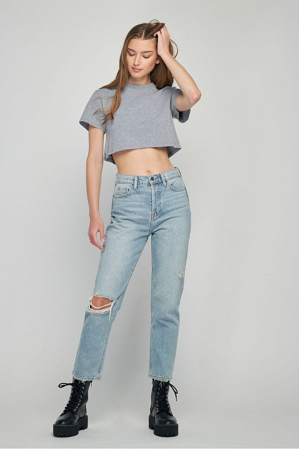 [TRACEY] LIGHT WASH DISTRESSED HIGH RISE STRAIGHT JEAN